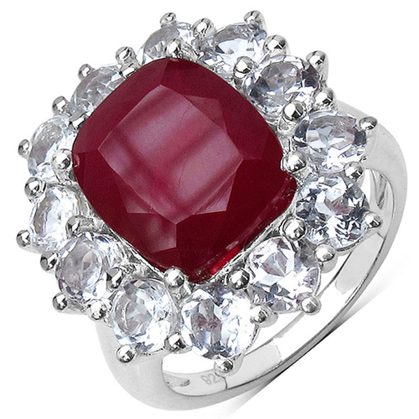 9.86 Carat Glass Filled Ruby and White Topaz .925 Sterling Silver Ring