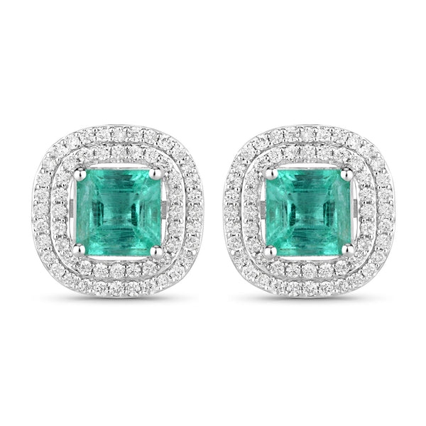 2.87 Carat Genuine Emerald and White Diamond 14K White Gold Earrings