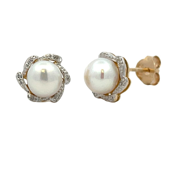 .03ct FW Pearl Diamond Stud Earrings 10KT Yellow Gold