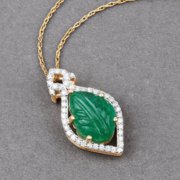 3.68 Carat Genuine Colombian Emerald and White Diamond 14K Yellow Gold Pendant