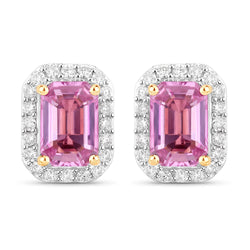 1.46 Carat Genuine Pink Sapphire and White Diamond 14K Yellow Gold Earrings