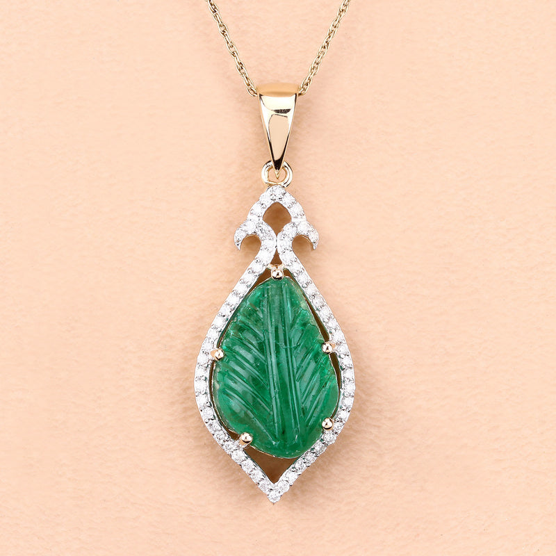 7.76 Carat Genuine Colombian Emerald and White Diamond 14K Yellow Gold Pendant