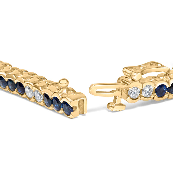 14K Yellow Gold 1 3/4 Cttw Diamond and 5.0 Cttw Blue Sapphire Bezel Set Tennis Bracelet (G-H Color, SI1-SI2 Clarity) - 7" Inches