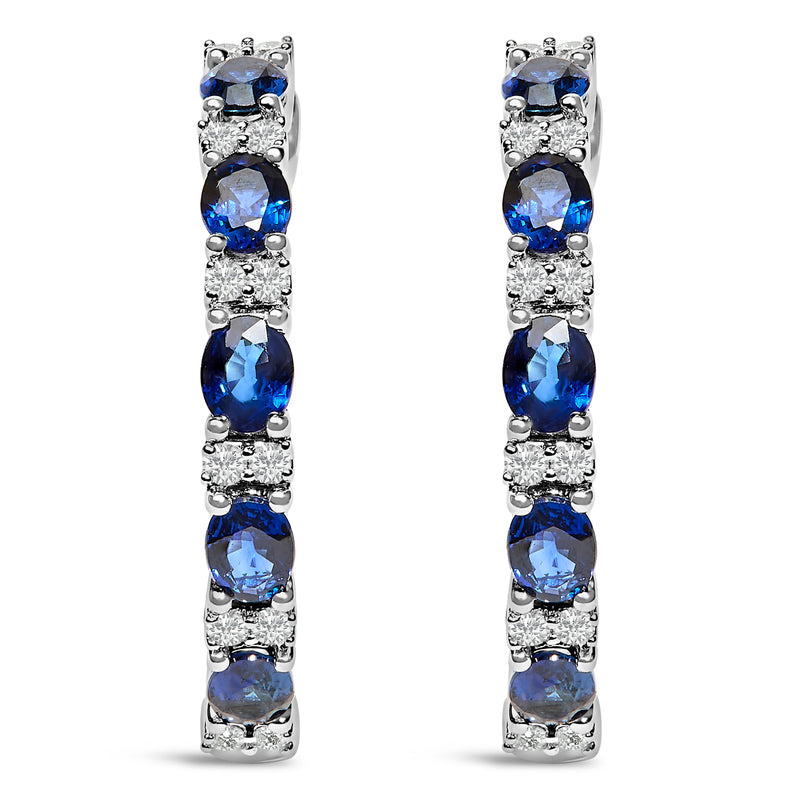 14K White Gold 4x3mm Oval Blue Sapphire and 1/4 Cttw Diamond Alternating Hoop Earring (I-J Color, SI2-I1 Clarity)