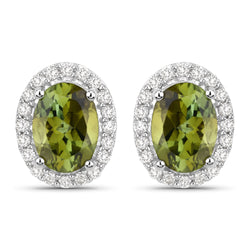 1.92 Carat Genuine Green Tourmaline and White Diamond 14K White Gold Earrings