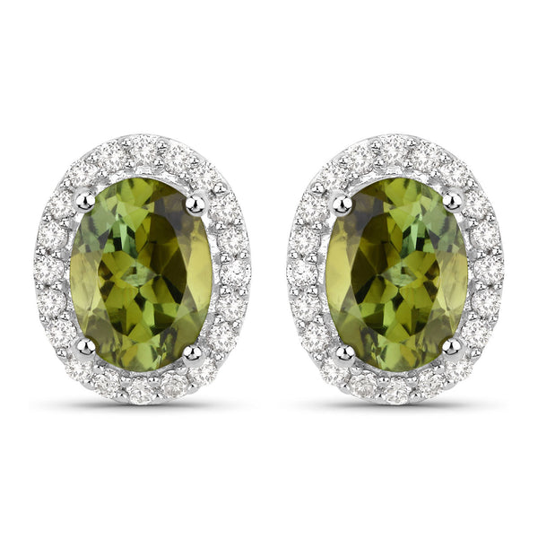 1.92 Carat Genuine Green Tourmaline and White Diamond 14K White Gold Earrings