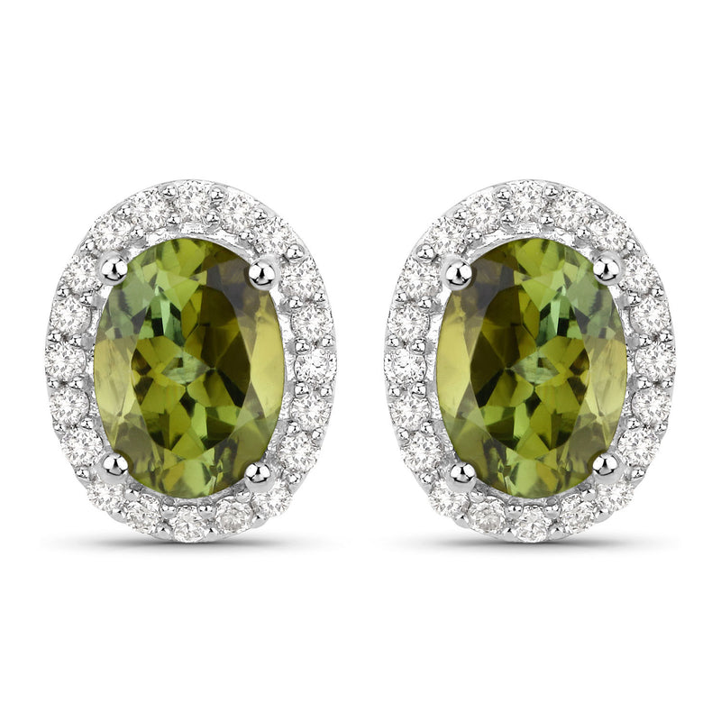 1.92 Carat Genuine Green Tourmaline and White Diamond 14K White Gold Earrings