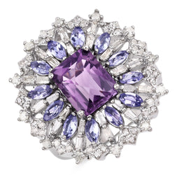 4.39 Carat Genuine Tanzanite, Amethyst and White Diamond .925 Sterling Silver Ring