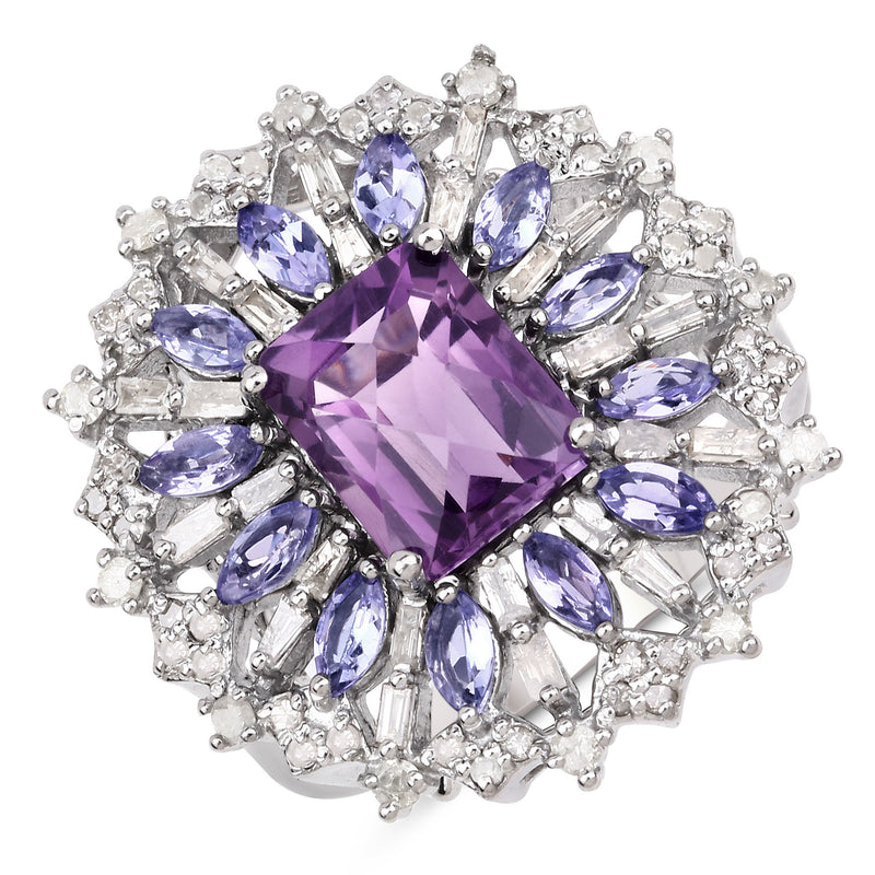 4.39 Carat Genuine Tanzanite, Amethyst and White Diamond .925 Sterling Silver Ring