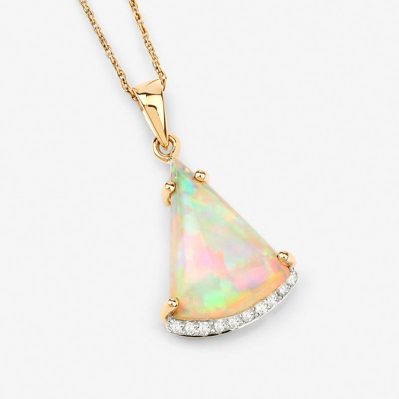 3.18 Carat Genuine Ethiopian Opal and White Diamond 14K Yellow Gold Pendant