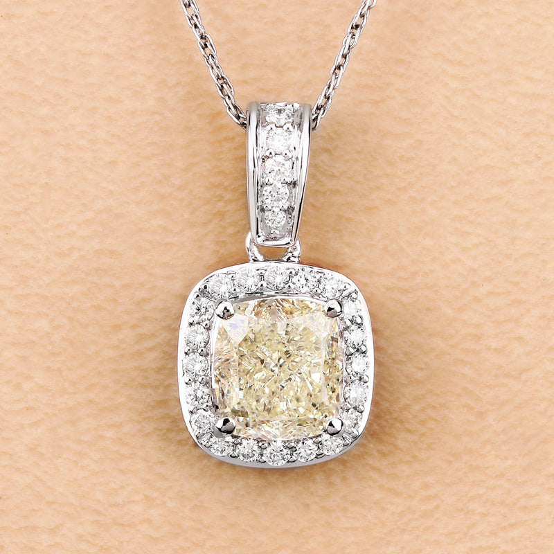 IGI Certified 2.01 Carat Genuine Light Yellow Diamond Center and 0.27cttw White Diamond 18K White Gold Pendant (2.28cttw)