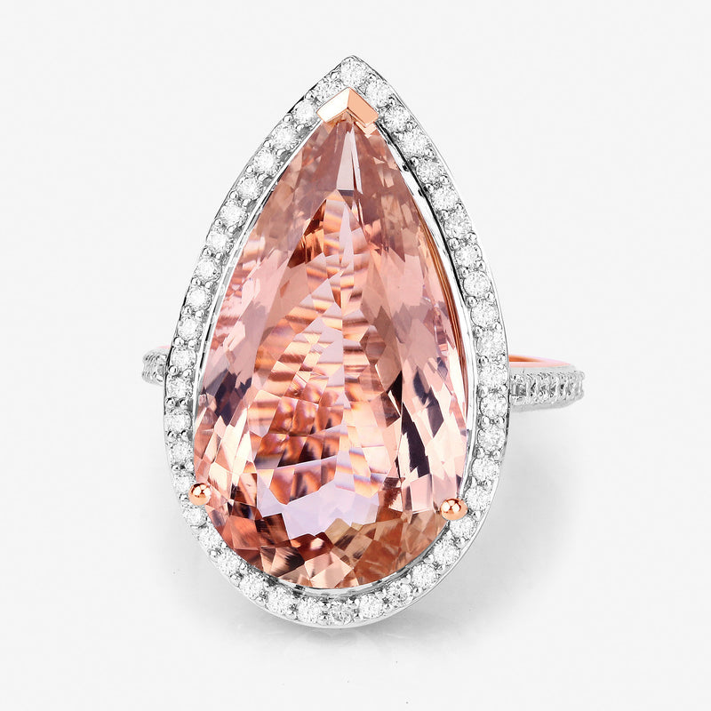 12.77 Carat Genuine Morganite and White Diamond 14K Rose Gold Ring