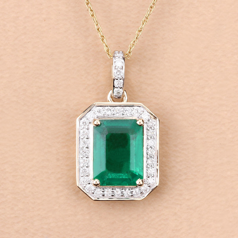 IGI Certified 2.63 Carat Genuine Zambian Emerald and White Diamond 14K Yellow Gold Pendant