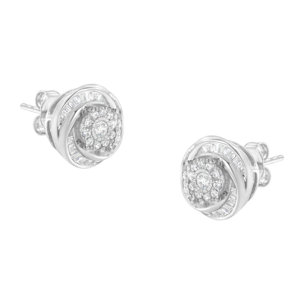 .925 Sterling Silver 3/4 Cttw Round and Baguette-Cut Diamond Love Knot Stud Earring (I-J Color, I2-I3 Clarity)