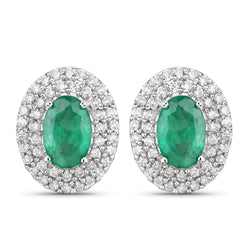 1.20 Carat Genuine Zambian Emerald and White Diamond 14K White Gold Earrings