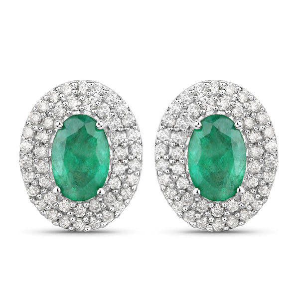 1.20 Carat Genuine Zambian Emerald and White Diamond 14K White Gold Earrings