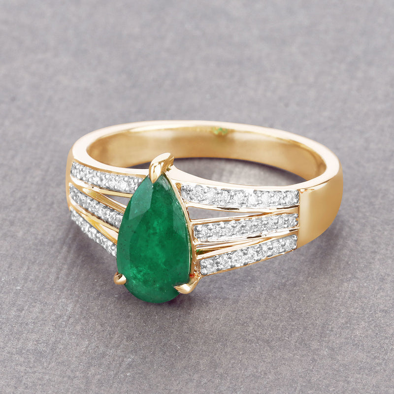 IGI Certified 1.59 Carat Genuine Zambian Emerald and White Diamond 14K Yellow Gold Ring