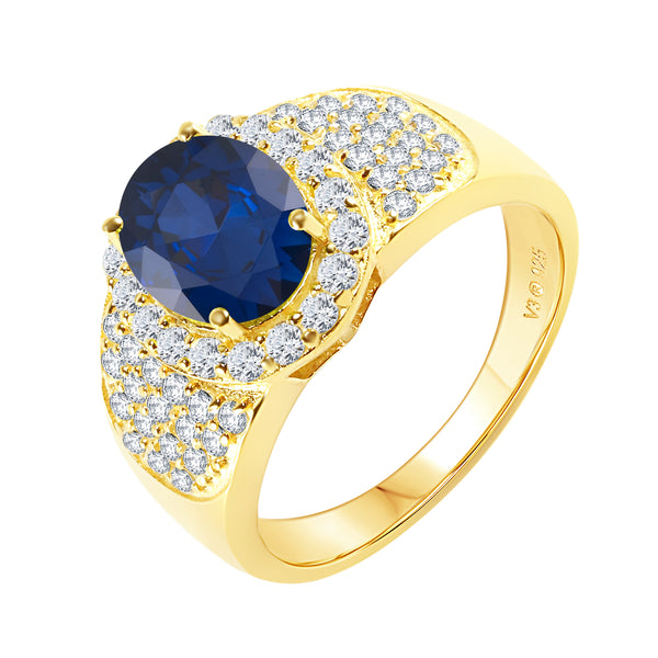 V3 Jewelry 18K Gold Plated Blue Sapphire & White Topaz Pavé Oval Halo Ring