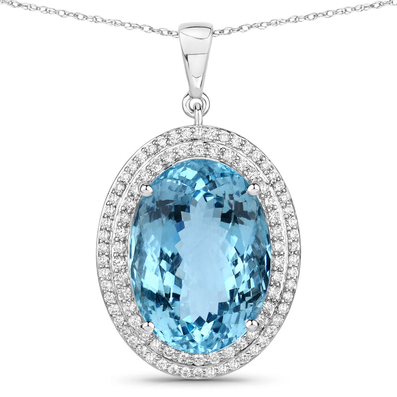 16.11 Carat Genuine Aquamarine and White Diamond 14K White Gold Pendant