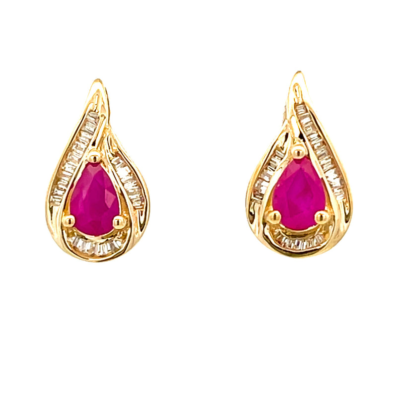 Genuine 1.16ct Ruby Diamond Earrings 14KT Yellow Gold