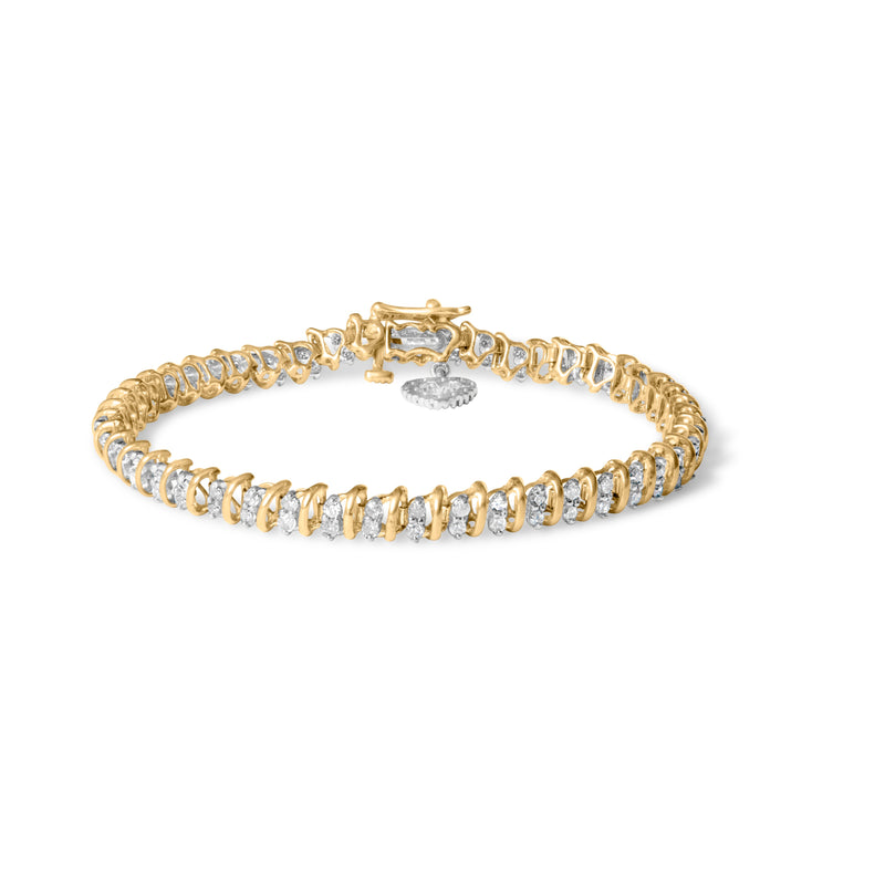 10K Yellow Gold 2.0 Cttw Diamond 2 Row Link and Heart Charm 7" Link Bracelet (I-J Color, I3 Clarity)