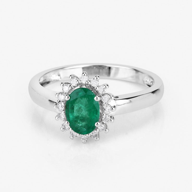 0.86 Carat Genuine Zambian Emerald and White Diamond 14K White Gold Ring