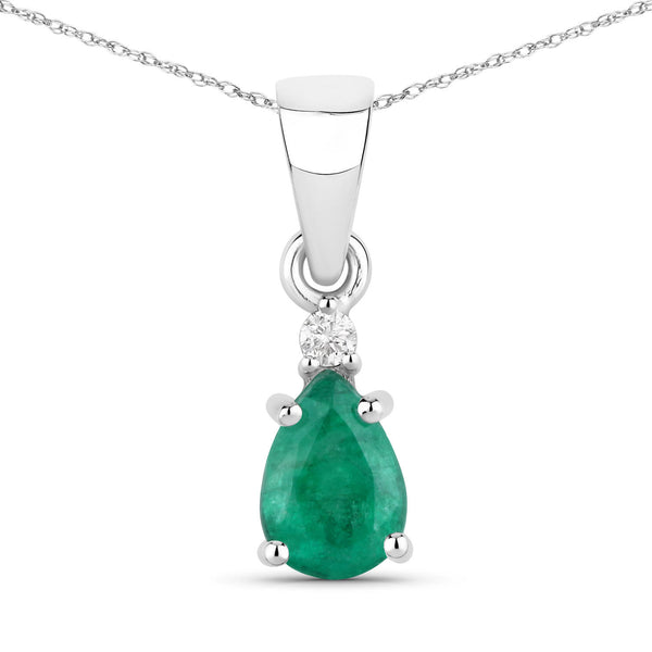 0.68 Carat Genuine Zambian Emerald and White Diamond 14K White Gold Pendant