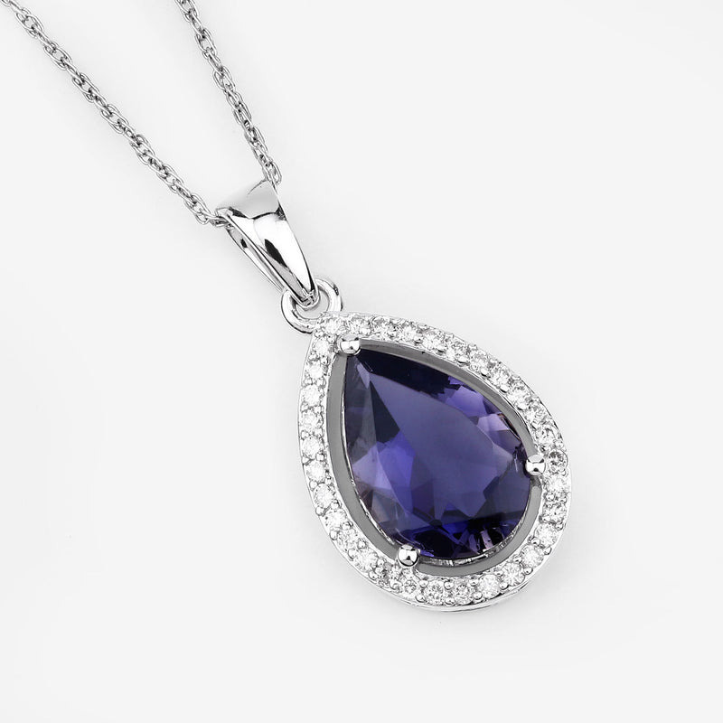 2.28 Carat Genuine Iolite and White Diamond 14K White Gold Pendant