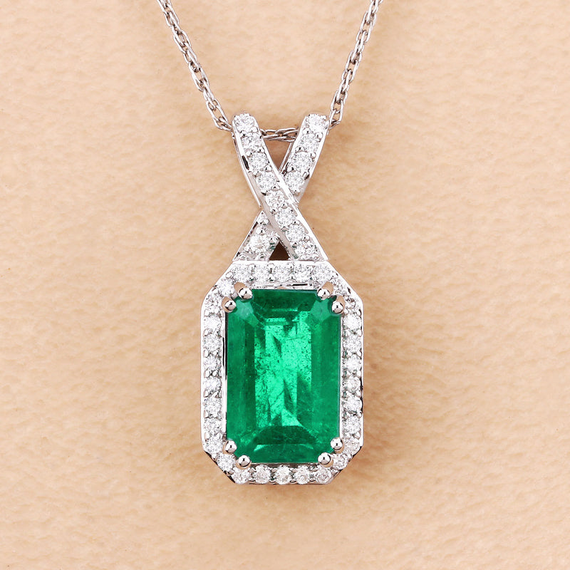 IGI Certified 2.31 Carat Genuine Zambian Emerald and White Diamond 14K White Gold Pendant