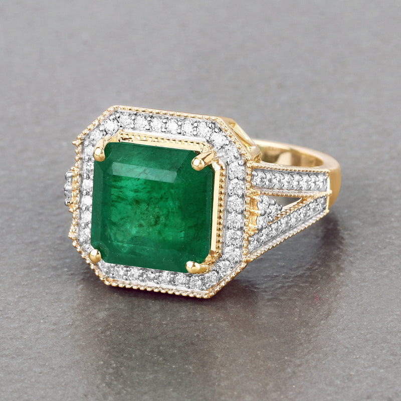 IGI Certified 6.20 Carat Genuine Zambian Emerald and White Diamond 14K Yellow Gold Ring