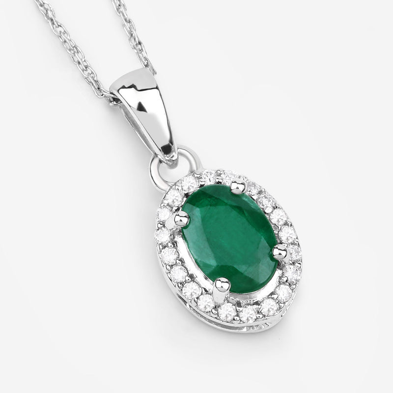 0.83 Carat Genuine Zambian Emerald and White Diamond 14K White Gold Pendant