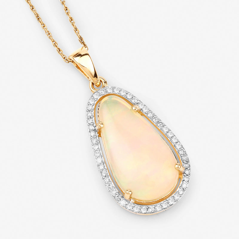 2.60 Carat Genuine Ethiopian Opal and White Diamond 14K Yellow Gold Pendant