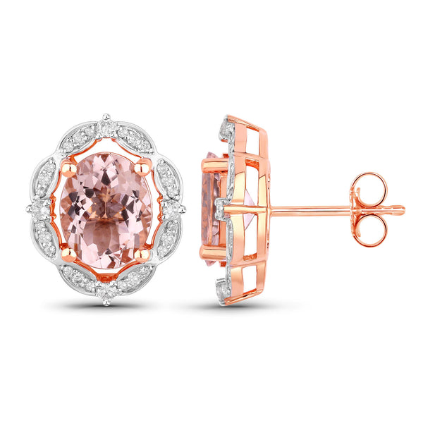 3.52 Carat Genuine Morganite and White Diamond 14K Rose Gold Earrings