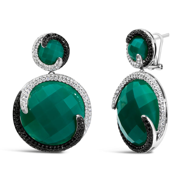 14K White Gold 2.0 Cttw White and Black Diamond and Green Agate Double Medallion Disc Drop and Dangle Earrings (H-I Color, I2-I3 Clarity)