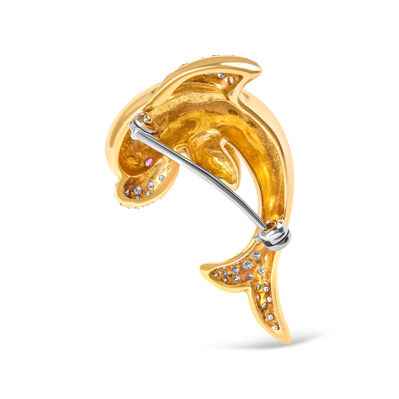 18K Yellow Gold 2/5 Cttw Diamond and Ruby Dolphin Brooch Pin (H-I Color, VS1-VS2 Clarity)