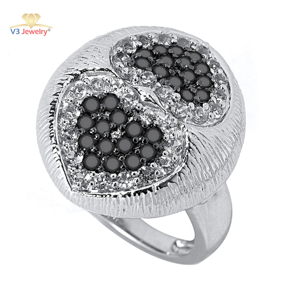 V3 Jewelry Black Spinel & White Topaz Heart Ring
