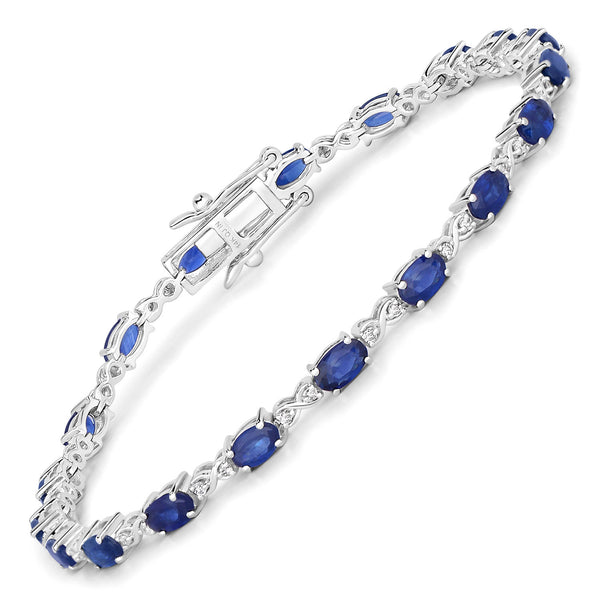 4.43 Carat Genuine Blue Sapphire and White Diamond 14K White Gold Bracelet