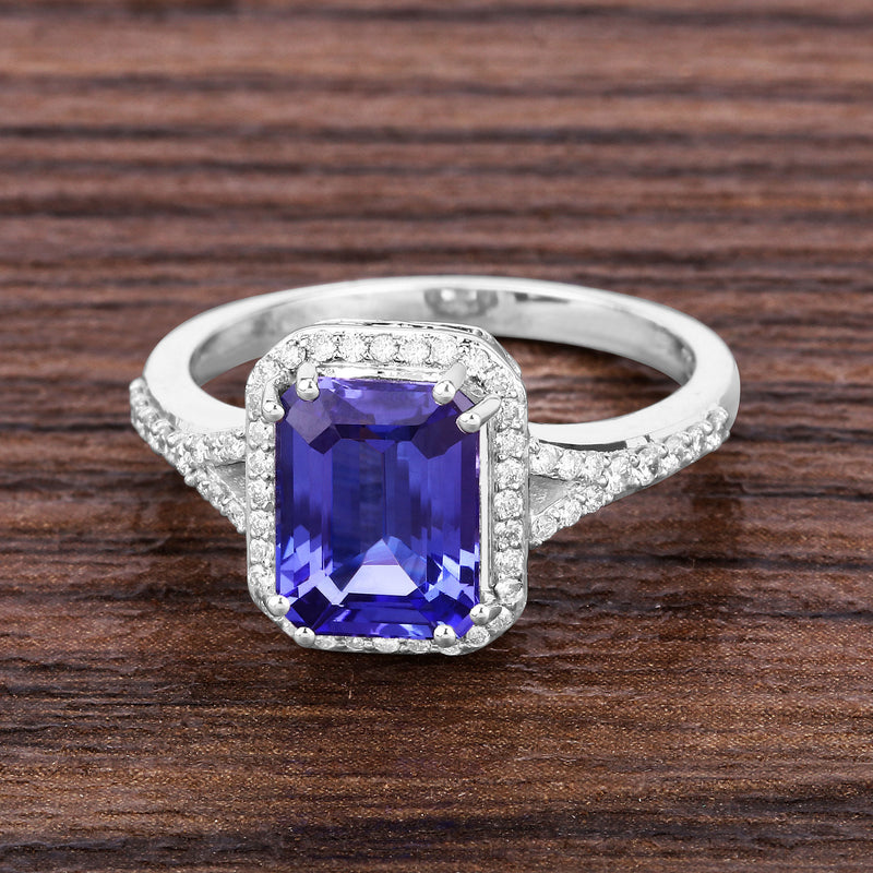 2.65 Carat Genuine Tanzanite and White Diamond 14K White Gold Ring