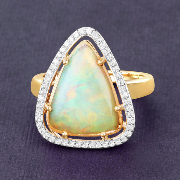 2.71 Carat Genuine Ethiopian Opal and White Diamond 14K Yellow Gold Ring