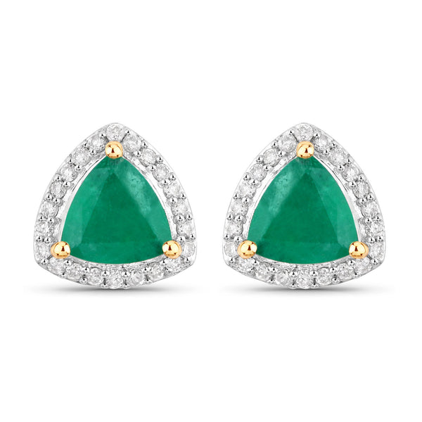 1.27 Carat Genuine Zambian Emerald and White Diamond 14K Yellow Gold Earrings