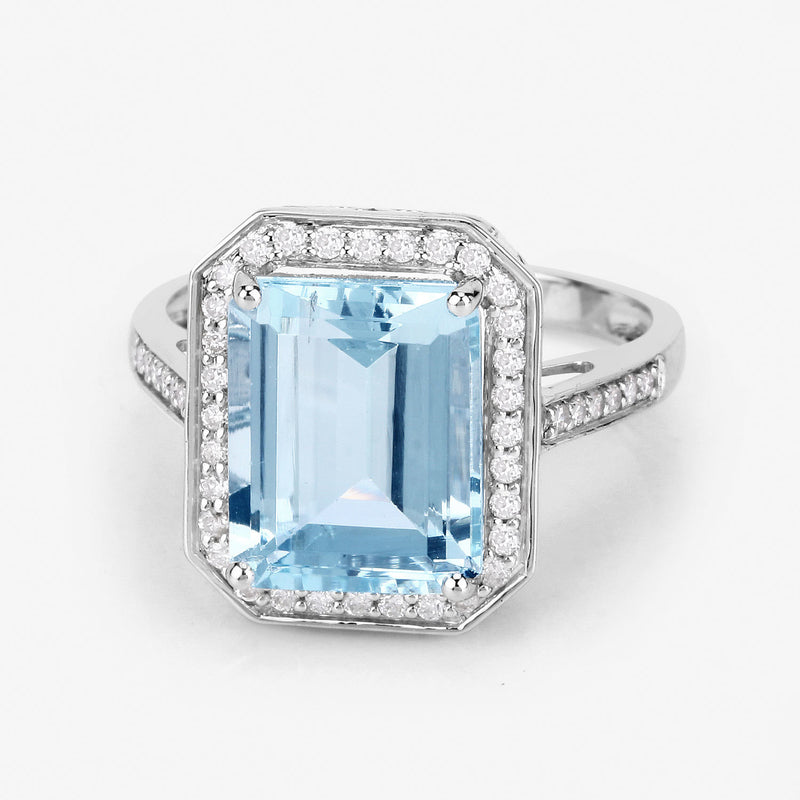 4.69 Carat Genuine Aquamarine and White Diamond 14K White Gold Ring