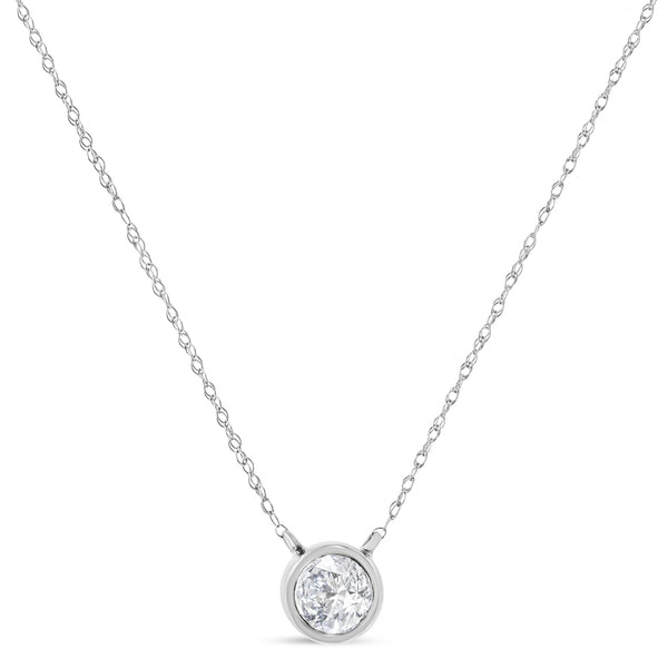 AGS Certified 10K White Gold 1/5 Cttw Bezel Set Round Diamond Solitaire 16-18" Adjustable Pendant Necklace (H-I Color, SI1-SI2 Clarity)