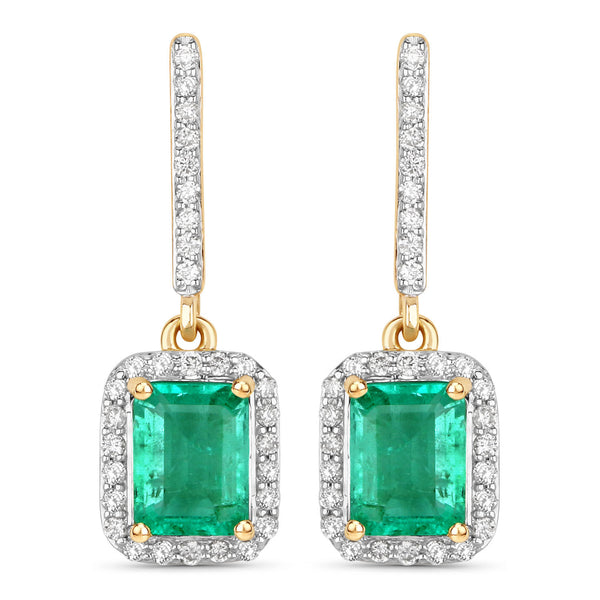 2.08 Carat Genuine Emerald and White Diamond 14K Yellow Gold Earrings