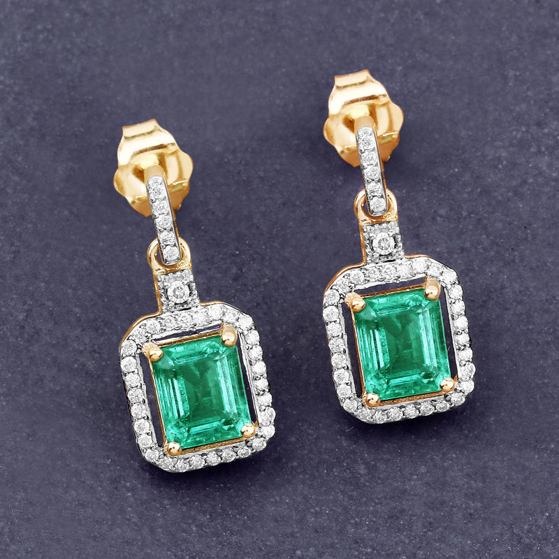 1.78 Carat Genuine Emerald and White Diamond 14K Yellow Gold Earrings