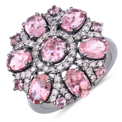 4.04 Carat Genuine Pink Tourmaline and White Diamond .925 Sterling Silver Ring