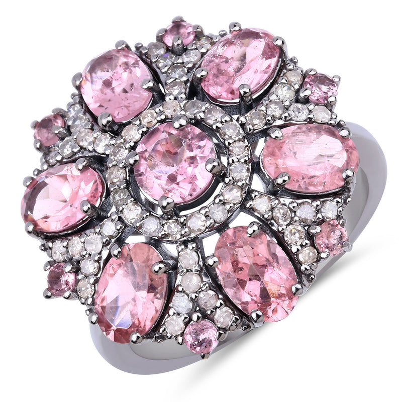 4.04 Carat Genuine Pink Tourmaline and White Diamond .925 Sterling Silver Ring