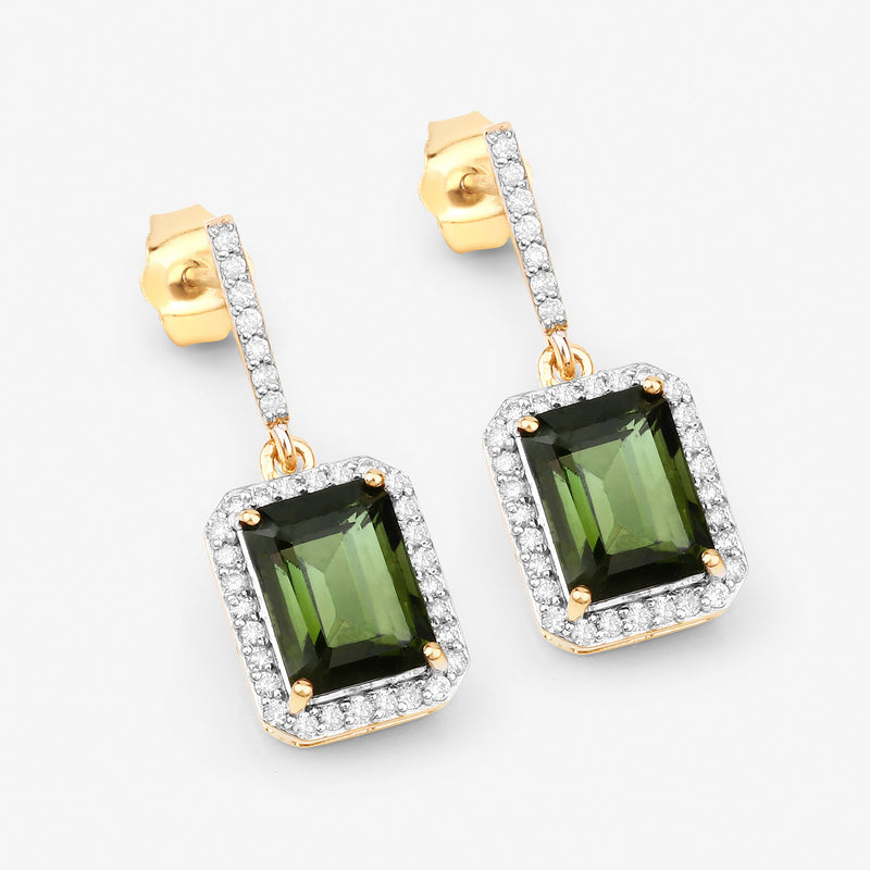 3.56 Carat Genuine Green Tourmaline and White Diamond 14K Yellow Gold Earrings