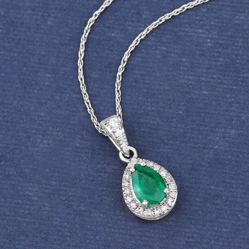 0.77 Carat Genuine Zambian Emerald and White Diamond 14K White Gold Pendant