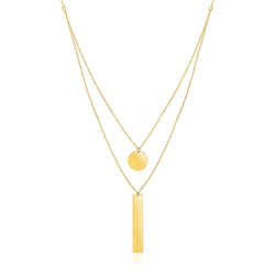 14k Yellow Gold 18 inch Two Strand Necklace with Circle and Bar Pendants