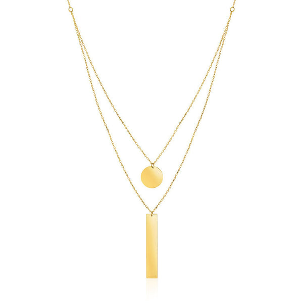 14k Yellow Gold 18 inch Two Strand Necklace with Circle and Bar Pendants